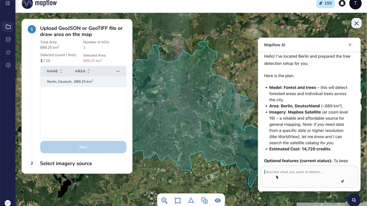 Mapflow AI Agent chat panel showing Berlin tree detection plan on a satellite map