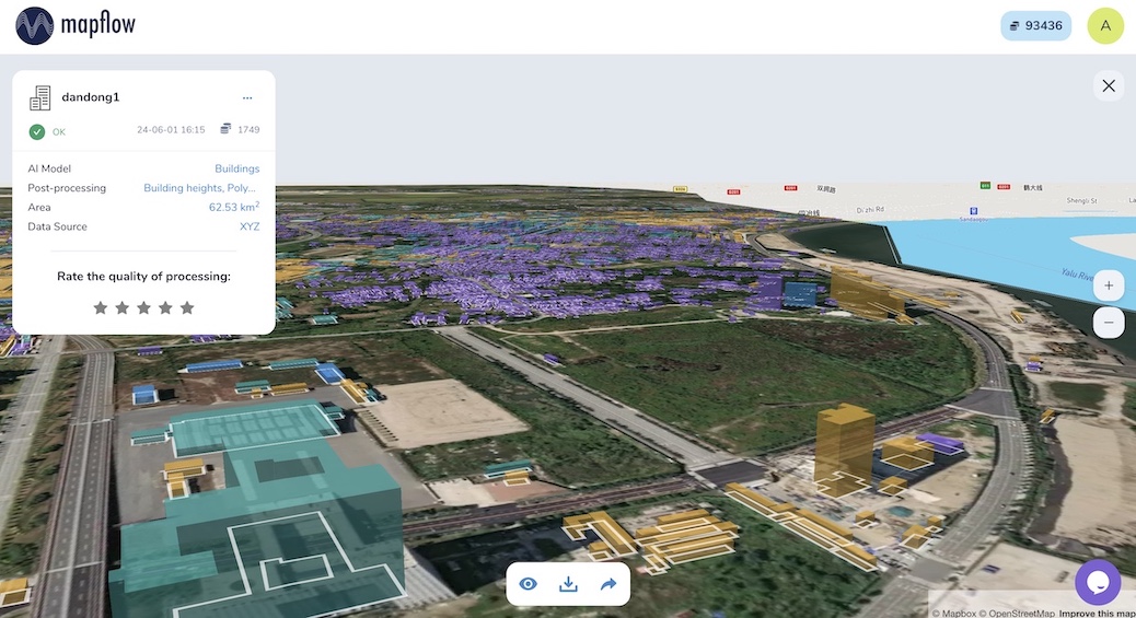 Mapflow Web app showing 3D building detection on a satellite map